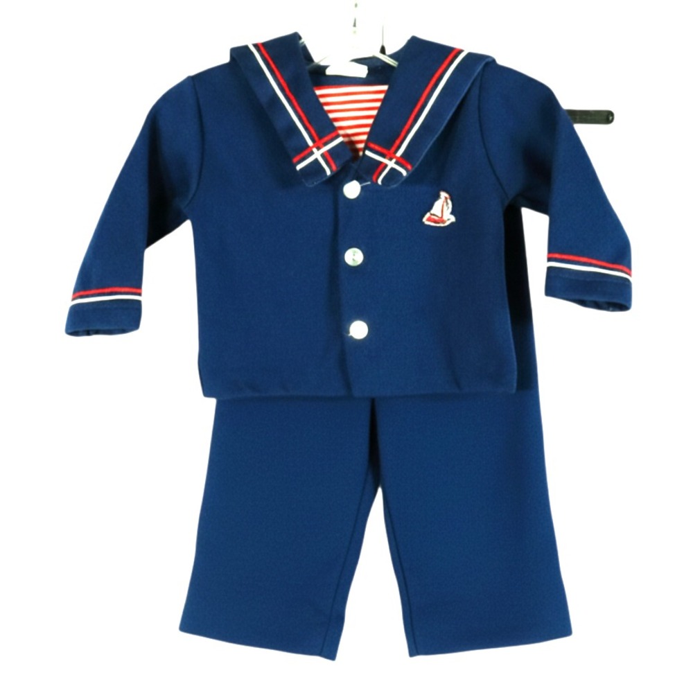 VTG So Nice Navy Blue POLY-KNIT SAILOR SUIT OUTFIT SET Red/White Trim Collar 12m